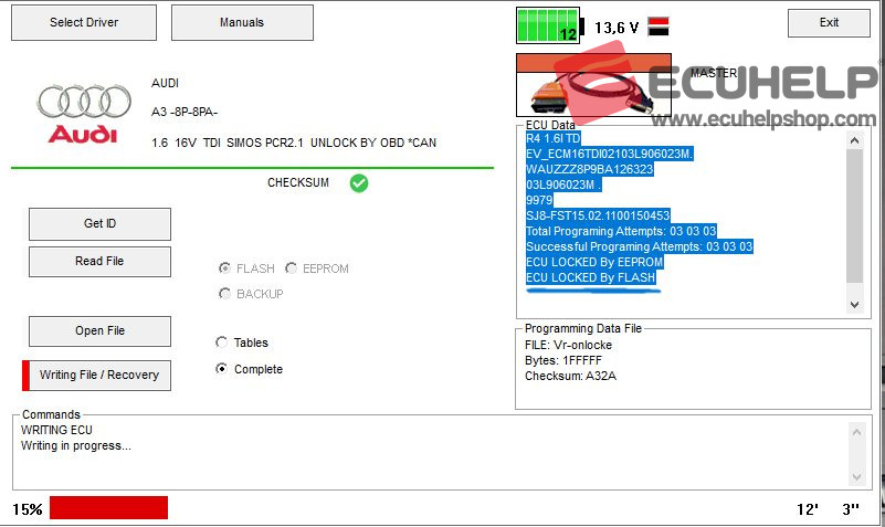 KT200II in the process of writing to the PCR 2.1 ECU